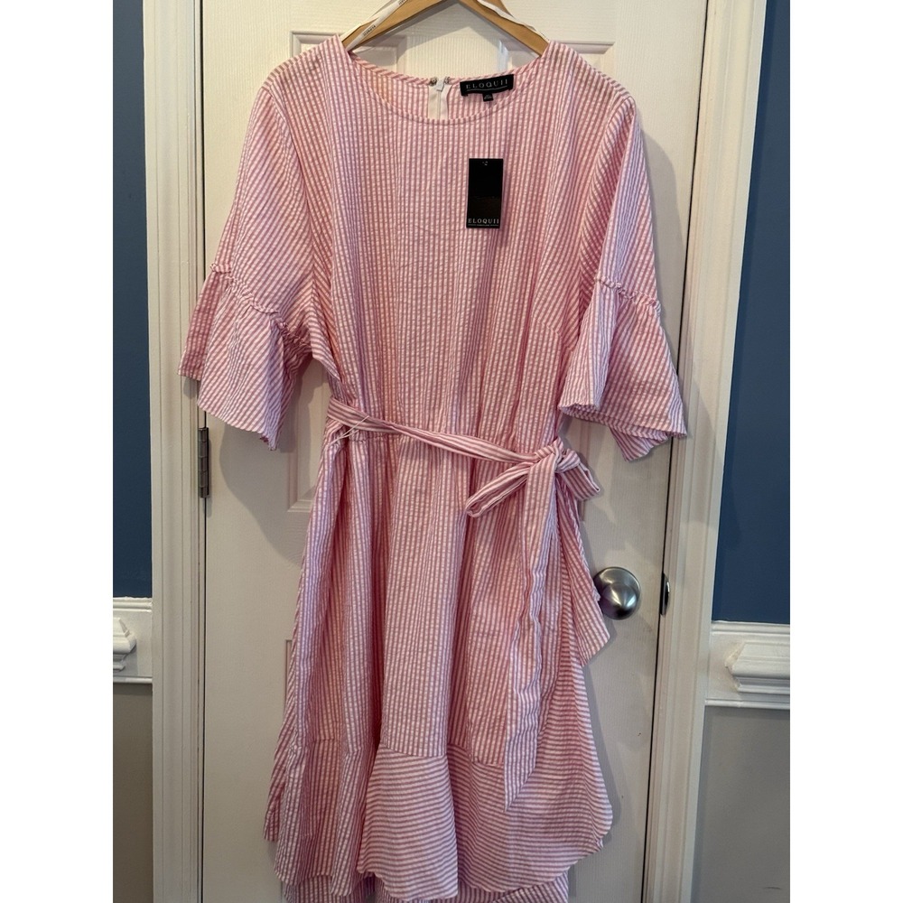 NWT Eloquii Pink White Striped Boho 100% Cotton Dress Belt Size 22 Summer Party